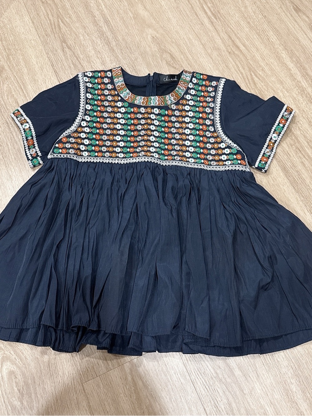 Embroidered Navy Short-Sleeve Women's Top